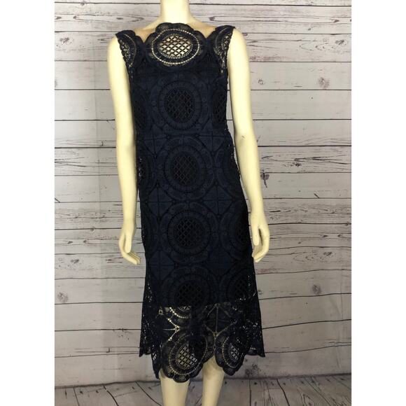 Tracy Reese Navy Surplice sleevless scalloped Lace Embroidered Dress size 4 - Picture 6 of 12